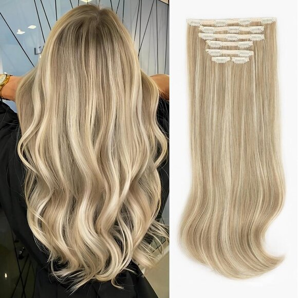 Clip-in Hair Extensions, Mixed Bleach Blonde - Thick, Long, Straight, Layered - - Picture 1 of 8